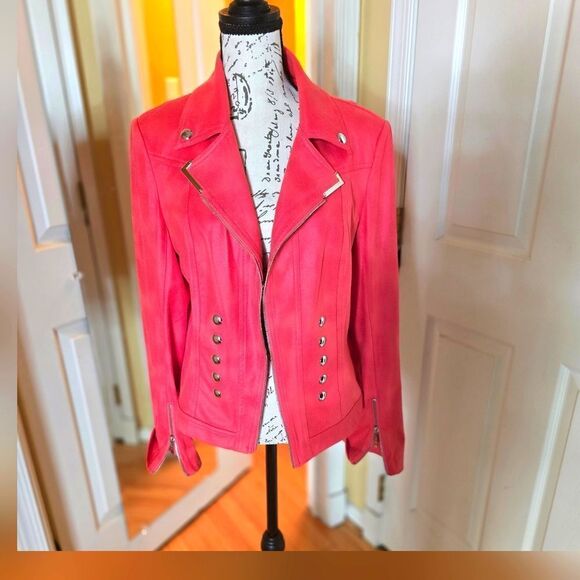 Lena Gabrielle Distressed FAUX Leather Jacket in Red - Picture 1 of 6